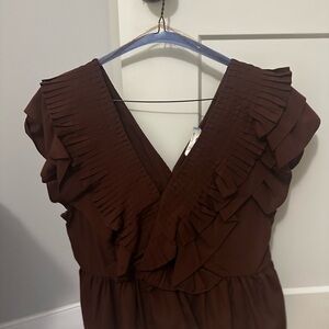 Dark Red Ruffled V-Neck Blouse